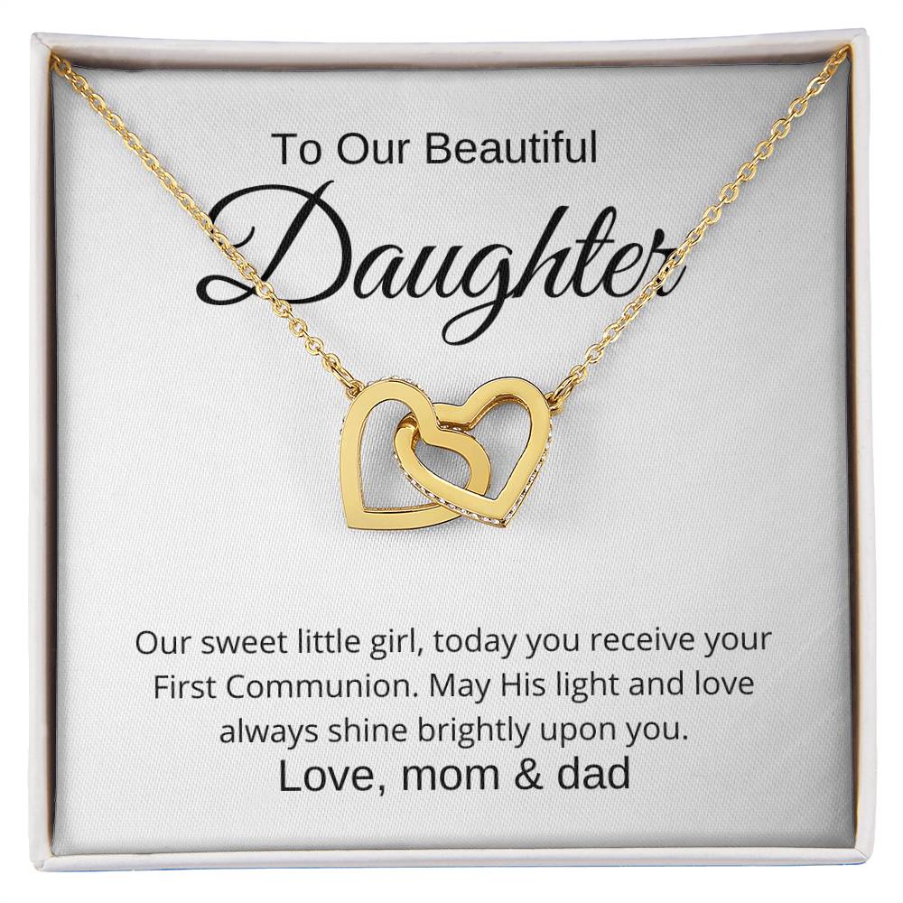 To Our Beautiful Daughter First Communion | Interlocking Hearts Necklace | Love, Mom & Dad