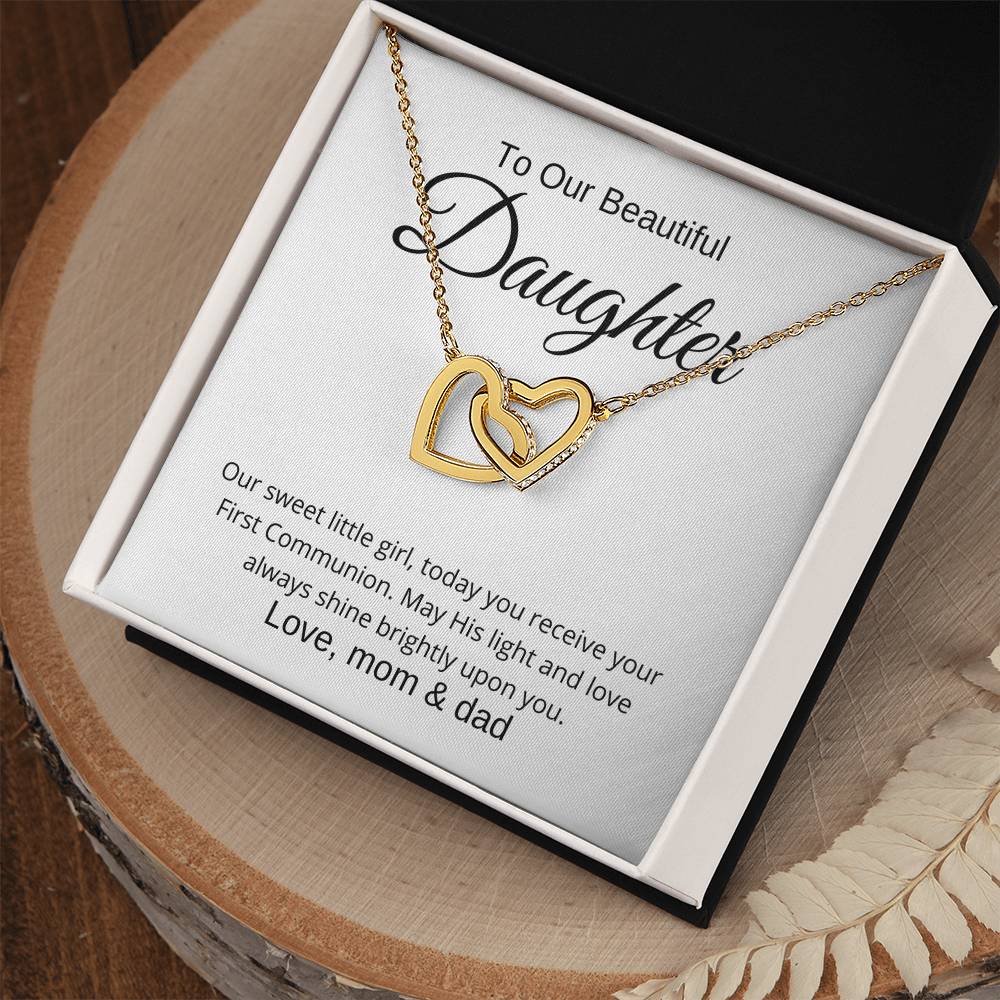 To Our Beautiful Daughter First Communion | Interlocking Hearts Necklace | Love, Mom & Dad