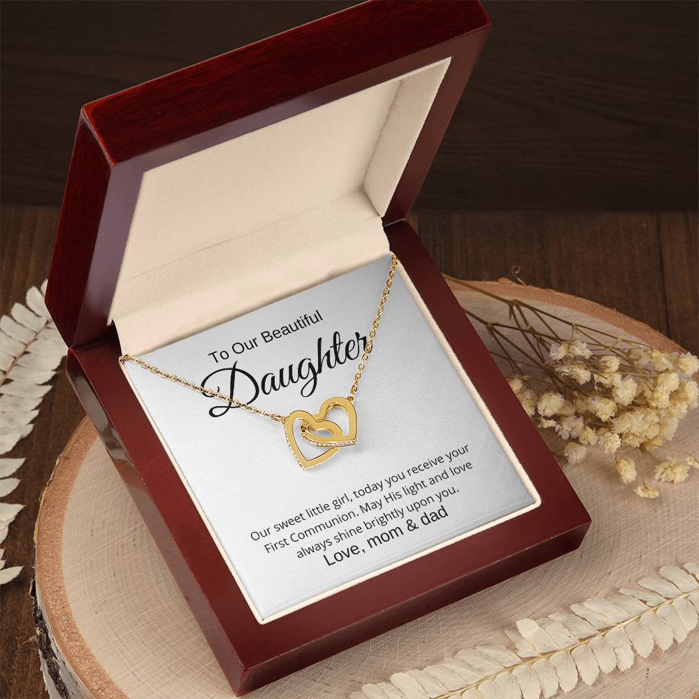 To Our Beautiful Daughter First Communion | Interlocking Hearts Necklace | Love, Mom & Dad