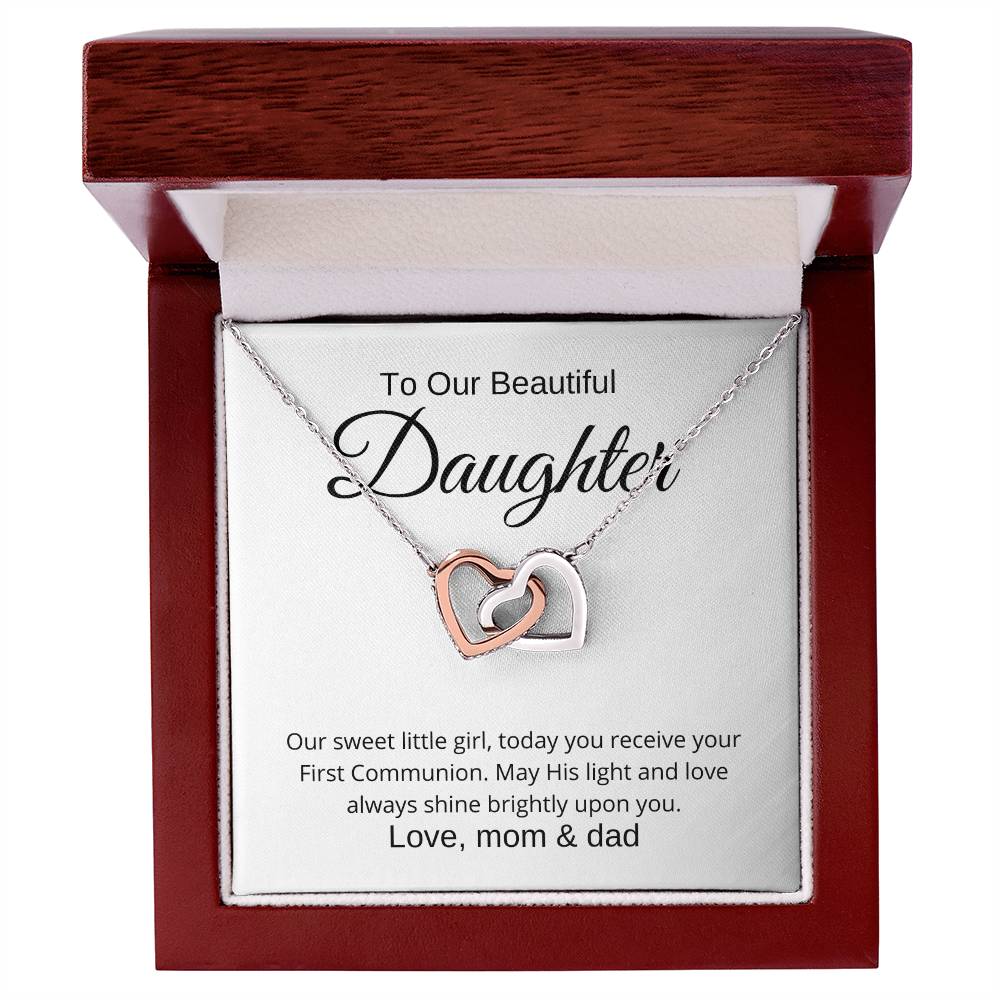 To Our Beautiful Daughter First Communion | Interlocking Hearts Necklace | Love, Mom & Dad