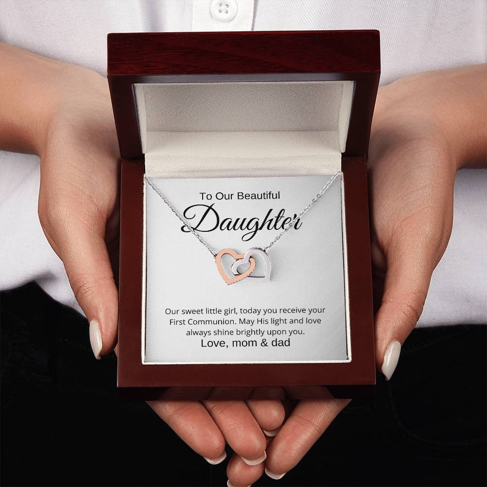 To Our Beautiful Daughter First Communion | Interlocking Hearts Necklace | Love, Mom & Dad